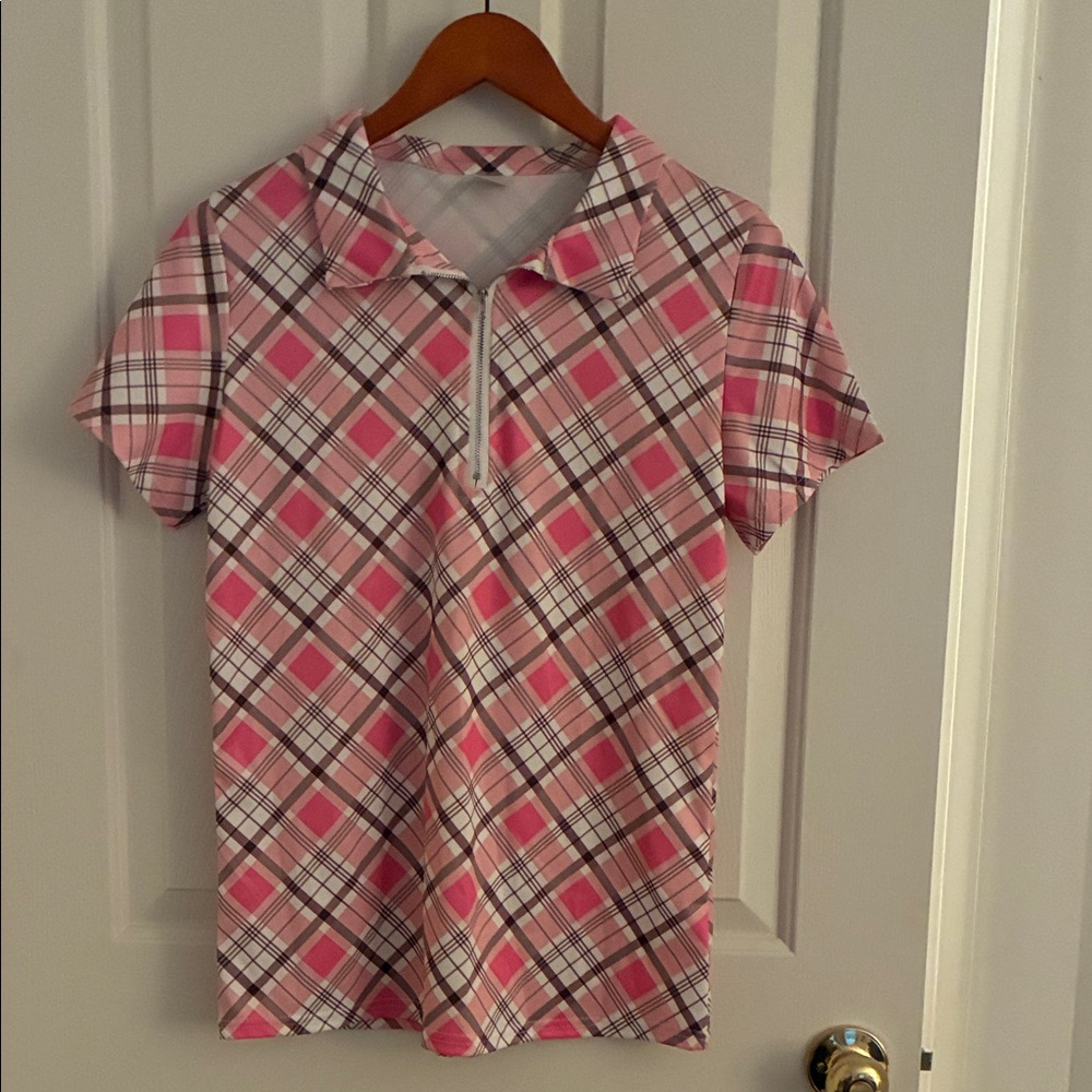 Source Unknown Pink and White Plaid Kids Polo